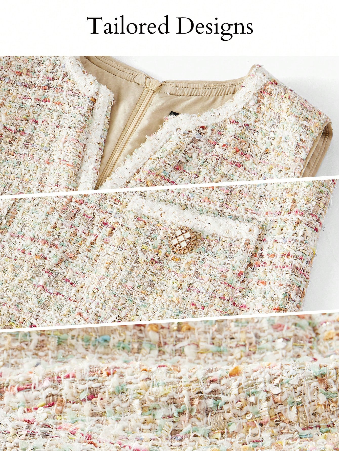 【BAU】VERONICA Peaked collar capsleeve flared midi tweed Ohemia Metallic Tweed Skirt in Blue & Ivory | Veronica Beard