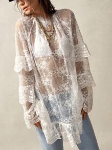 Bohemela 纯色编织蕾丝长袖女式迷你连衣裙 - 白色 - 查看 6