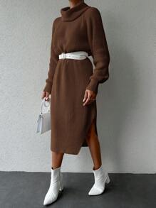 EURMUSE Women's Solid Color Turtleneck Raglan Sleeve Sweater Dress (belt Not Included) - Brown - View 4