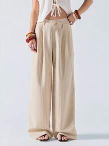 LYSMO Women's Loose-Fit Pinstripe Pants With Asymmetrical Waist Design - Cream - View 1