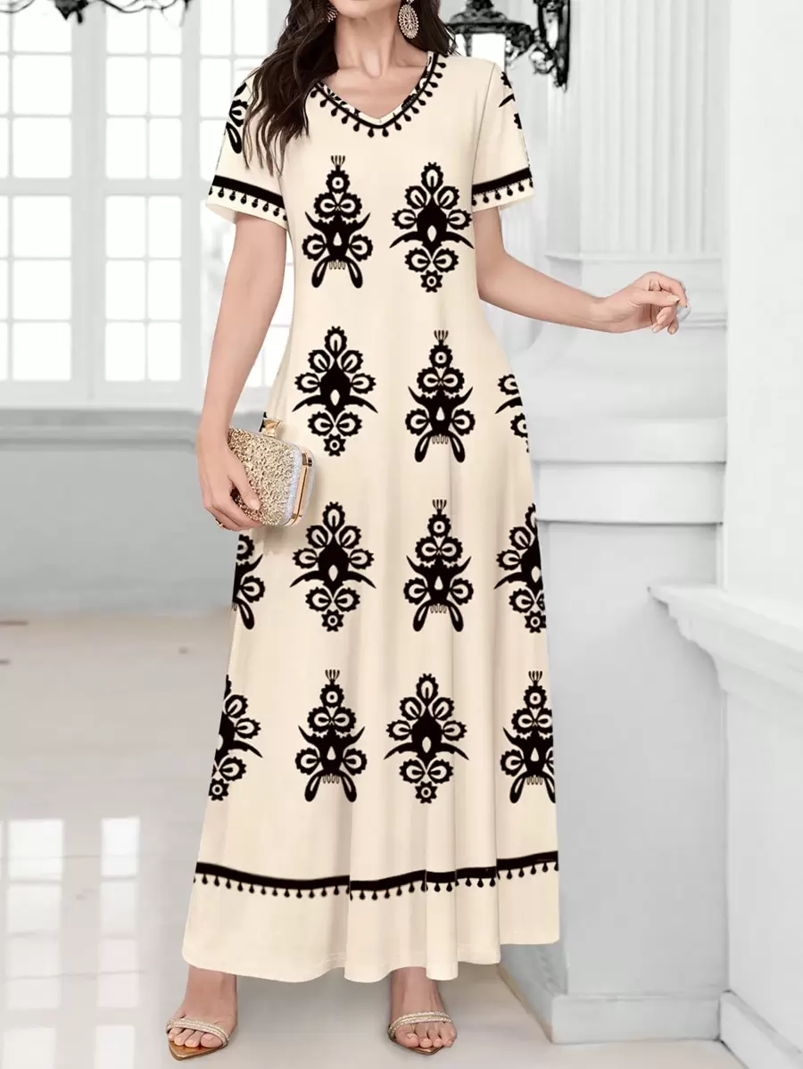 Mulvari 复古花卉印花 V 领短袖长裙，春夏