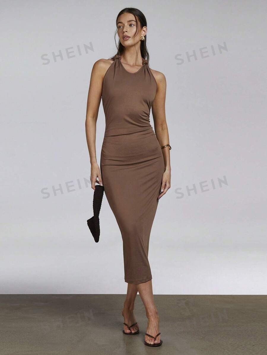 Athîral Damen sexy rückenfrei langer figurbetont Kleid Einfarbig mit Halter