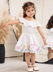 SHEIN 女婴夏季情人节缎面花卉图案露背上衣和迷你裙两件套