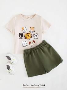 Cozy Pixies 2pcs/Set Baby Boy Cartoon Animal Print Knitted Soft Round Neck Short Sleeve Pullover Top And Elastic Waist Shorts