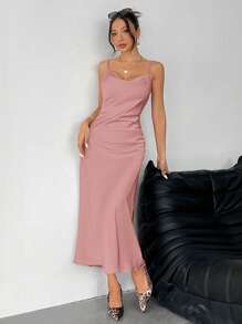SHEIN PETITE Solid Color Swing Collar Long Satin Satin Suspender Dress Suitable For Dates,Summer Dresses For Women