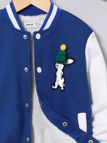 SHEIN Young Boy Cartoon Graphic Hat Patched Striped Trim Varsity Jacket - Blue and White - View 3