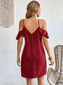 SHEIN VCAY Vestido casual recto y holgado con hombros abiertos de unicolor para vacaciones - Burdeos - Ver 2