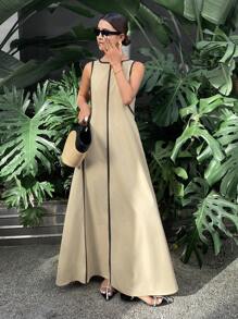 Serisse Women's Solid Color Sleeveless Loose Long Dress, Color-Conflicting Panels Extra Long Dresses,Summer Dresses For Women