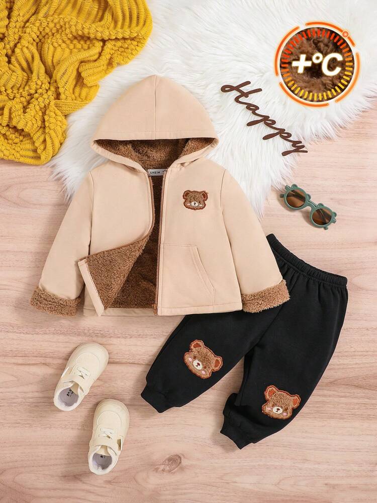Baby Boy Bear Embroidery Teddy Lined Hooded Jacket & Sweatpants