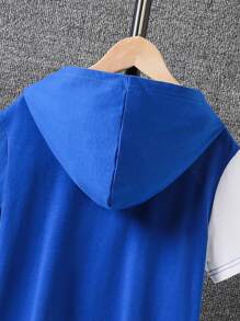 SHEIN Tween Boy Two Tone Cartoon Graphic Hooded Tee & Shorts - Blue and White - View 6