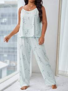 SHEIN Große Größen Damen Pflanzen-Muster Trägerhemd und Hose Pyjama Set