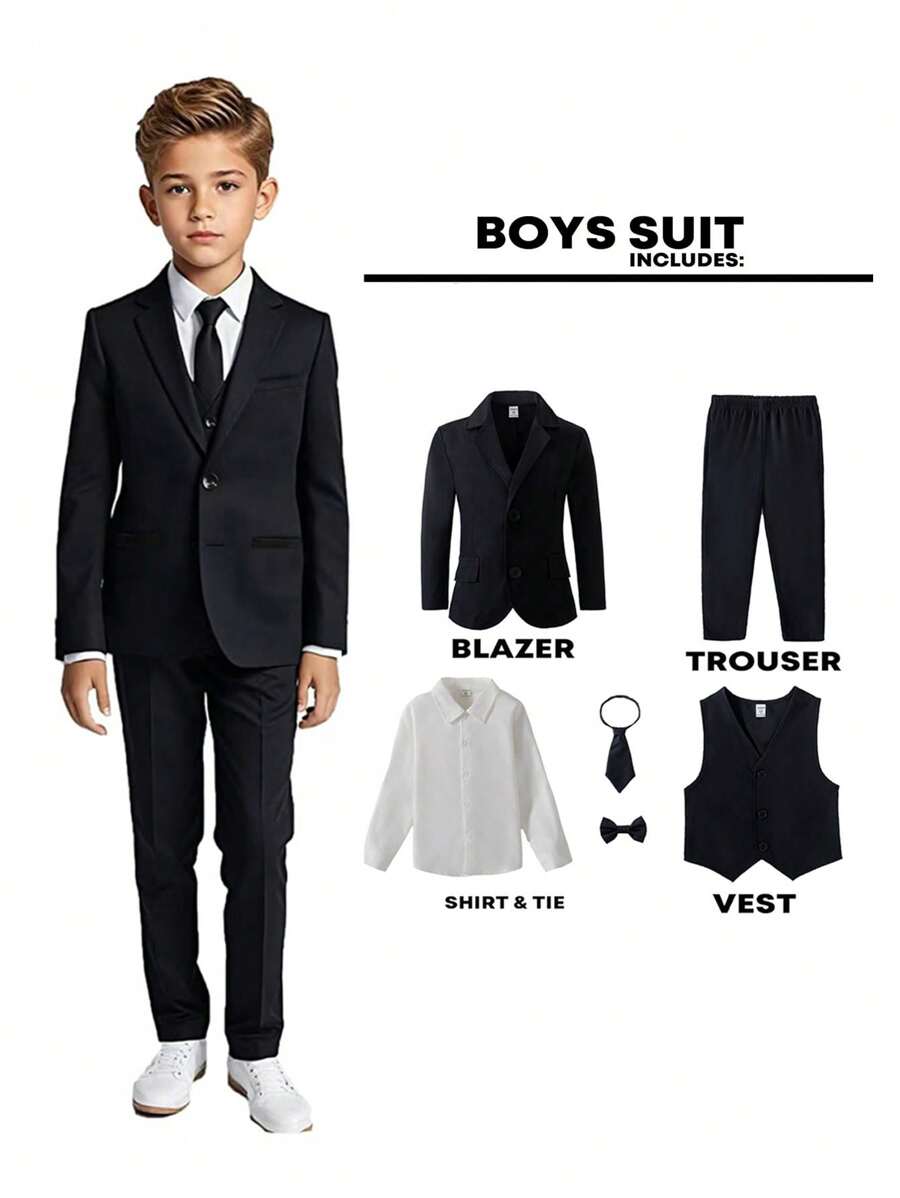 6 Pieces Young Boys Formal Suit Set, Including Light White Long Sleeve Shirt, Black Tie & Bowknot, As Well As Matching Vest, Jacket And Pants. The Light White Shirt Stands Out Elegantly Among The All-Black Suit, Making The Outfit Look Neat, Fashionable And Suitable For Holiday Events, Formal Occasions, Weddings, Wedding Guests, Ring Bearer, Page Boy