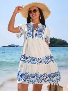 SHEIN Maternity Casual Floral Print V-Neck Short Puff Sleeve Dress