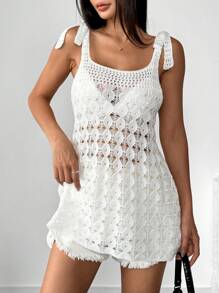 Chiquease Women's Summer Hollow-Out Sheer Adjustable Strap Tie Up Knit Casual Oversized Camisole Sweater