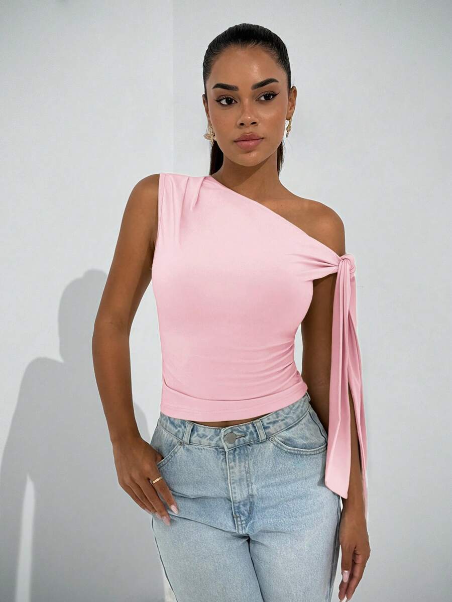 SHEIN BAE Women Asymmetrical Neck Tie Shoulder Casual Blouse, Elegant Club Party & Night Out, Suitable For Autumn Pink - Coral Pink - View 1
