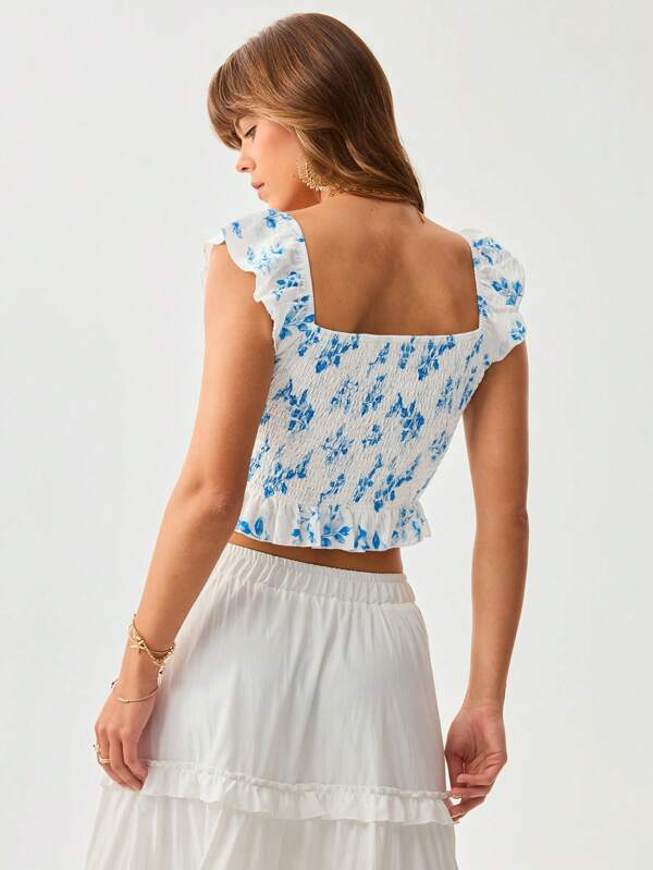 Wildy Summer Boho Cute Summer Tops Cute Shirts Women's Floral Print Fitted Casual Blouse, Countryside Vacation Style