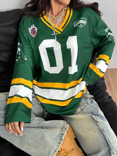 Coolane Camiseta de jersey de manga larga holgada con gráficos numéricos, ropa deportiva casual para mujer