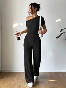 Flirla 2pcs Set: Asymmetrical Asymmetric Shoulder T-Shirt + Wide Leg Low Waist Pants, Casual Loungewear - Black - View 4