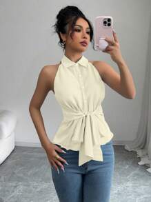 Chiquease Sleeveless Bowknot Design Blouse - Apricot - View 1