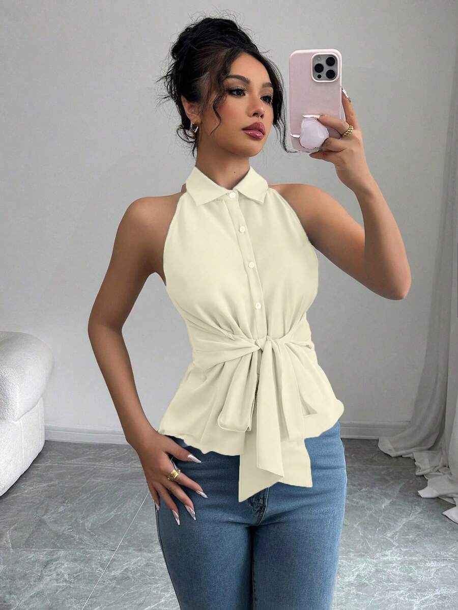 Chiquease Sleeveless Bowknot Design Blouse - Apricot - View 1