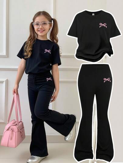 SHEIN 2pcs Set Young Girls Casual Loose Butterfly Decor Round Neck Short Sleeve T-Shirt And Wide-Leg Pants Set For Summer