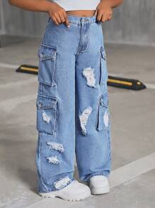 SHEIN Tween Girl Y2K Ripped Flap Pocket Side Cargo Straight Leg Jeans, Girls Fall Back To School Streetwear - Light Wash - View 5