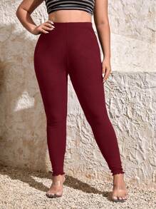 SHEIN PETITE CURVE Plus Size Women High Waist Solid Color Skinny Casual Pants - Burgundy - View 7