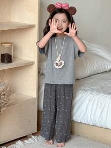 Dazy Kids Conjunto de camiseta de manga corta de punto de cuello redondo y pantalón largo de unicolor para niñas, para primavera/verano - Gris - Ver 3