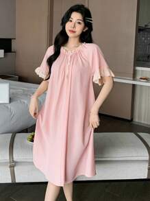 DAZY Sweet Ruffled Hem A-Line Design Women Nightgown Pajama - Pink - View 5