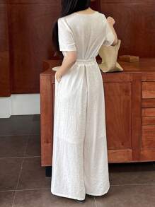 DAZY Elegant V-Neck Wide Leg Palazzo Jumpsuit For Women Linen - Beige - View 2