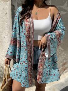 SHEIN Clasi 大码休闲碎花喇叭袖夹克 - 綠色 - 查看 7