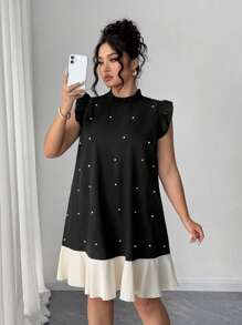 Elenzga Plus Size Fashionable Casual Colorblock Ruffled Pearl Trim Midi Dress - Black - View 5
