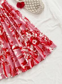 Soleia Váy midi chữ A thắt nơ cổ chữ V, dây mảnh cho kỳ nghỉ dành cho nữ WYWH, váy liền thân không tay họa tiết hoa nhiệt đới màu hồng và đỏ - Hồng - Xem 6