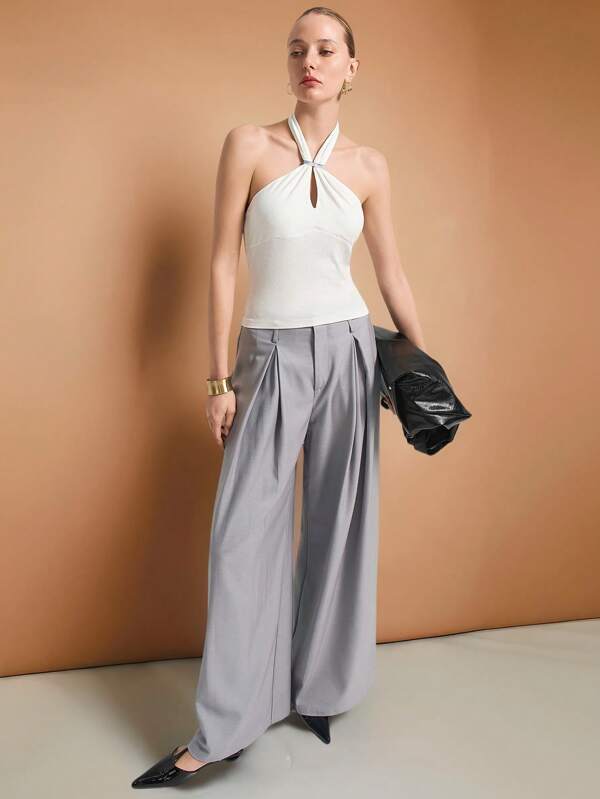 Ontre 2025 New Women's Halter Neck Top With Metal Decor, Ladies' Camisole Tank Top, Women's Short Sleeve T-Shirt, Knit Fabric Solid Color Halter Backless With Metal Buckle Shirt, Suitable For Daily Commute, Spring And Summer