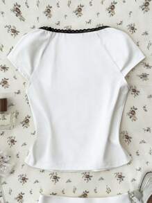 SHEIN Teen Girl Lace Bow Accent Contrast Color Fitted T-Shirt, Sweet Casual School Style Versatile T-Shirt, Comfortable Slim Fit Cute White Top For Summer - White - View 2