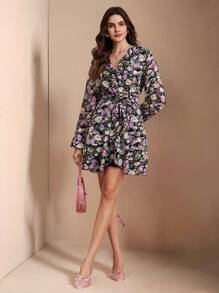 SHEIN Unity Gaun Mini Wanita Leher V Motif Bunga Kecil, Pakaian Musim Gugur Elegan untuk Wanita - MultiWarna - View 5