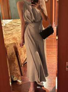 DAZY 2pcs Women Solid Color Stand Collar Top And Skirt Set, Spring/Summer - Khaki - View 5