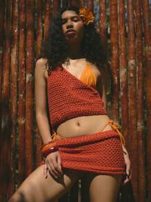 Musera Resort 宽环钩针中腰纱笼迷你裙仅限波西米亚风伊比沙岛可爱性感度假夏季海滩泳装罩衫 - 橘色 - 查看 1