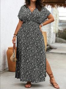 Calvaya Abito casual, ampio e comodo, con scollo a V, a maniche corte, con stampa floreale ditsy, adatto come vestito da donna taglie forti per Natale - nero - Visualizzare 1