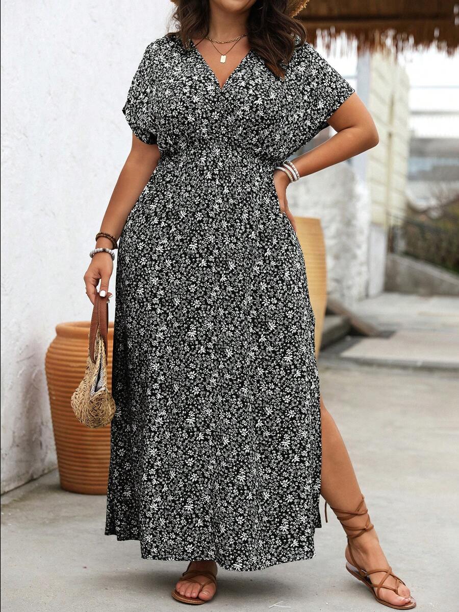 Calvaya Abito casual, ampio e comodo, con scollo a V, a maniche corte, con stampa floreale ditsy, adatto come vestito da donna taglie forti per Natale - nero - Visualizzare 1