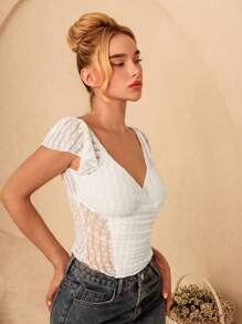 Glamine Women's Summer White Lace Jacquard V-Neck Cap Sleeve Slim Fit Backless Sheer Design Blouse,Summer Tops,White Top,Crop Tops - White - View 5