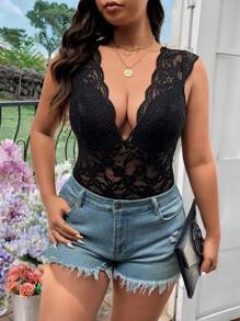 Celure 大码女式优雅性感蕾丝紧身衣，妖妇纯洁，修身，蕾丝拼接，镂空，短袖性感时尚修身独特时尚镂空低领