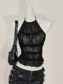 SHEIN ICON Solid Color Sexy Halter Backless Mesh Sheer Back Camisole,Rave Top,See Through Top - Black - View 1