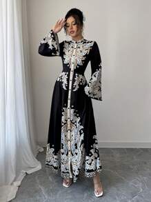 Calvaya Elegante abito con maniche a zampa e stampa paisley