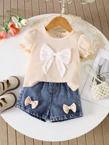 SHEIN Elladie kids 2 件套女婴春夏休闲风格，蝴蝶结装饰，短袖上衣和短牛仔裤 - 杏色 - 查看 9