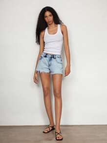 Maija Women's Washed Blue Denim Frayed Hem Shorts - Light Wash - View 6