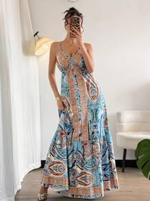 SHEIN Holidaya 波西米亚甜美系带露背收腰印花连衣裙，春季 - 彩色 - 查看 4