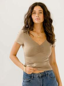 Aralina Short-Sleeve V-Neck Ruched Front Party Fitted Top