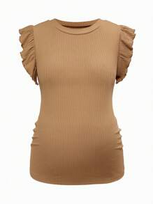 SHEIN Maternity Solid Color Round Neck Cap Sleeve Casual Ribbed T-Shirt - Khaki - View 12