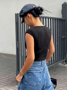 Strévra Maglietta basic da donna senza maniche, aderente, nera, casual